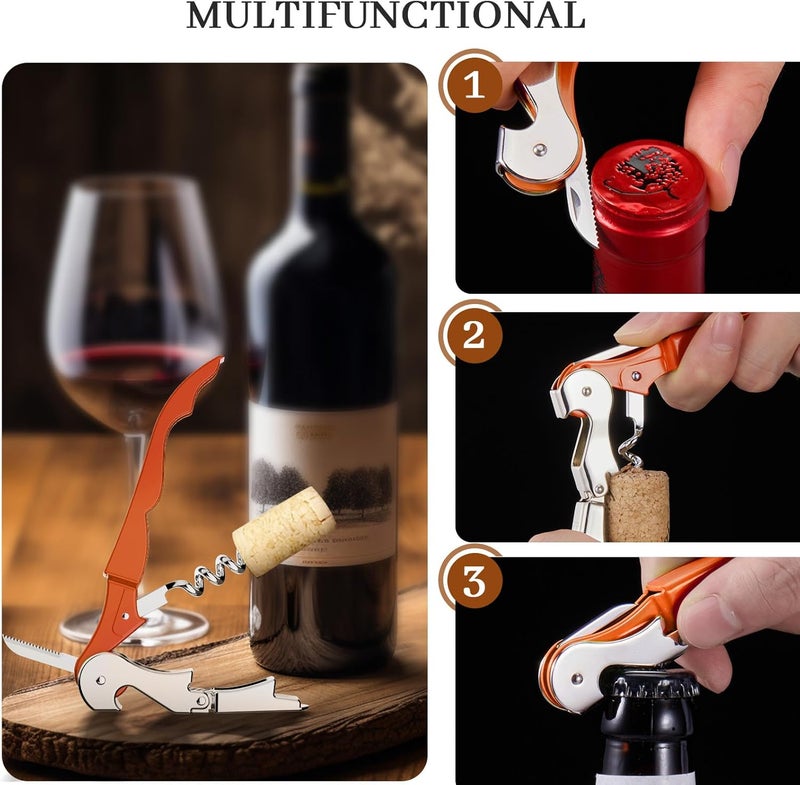HYZ 2-Pack Wine Opener Waiter Corkscrew, Professional Wine Key for Servers, Bartender with Foil Cutter, Manual Wine Bottle Opener Double Hinged (Orange) - Image 5